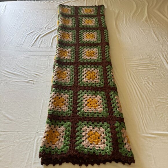 Vintage Hand-Crocheted Granny Square Afghan Blanket 55" x 72" Yellow Green Brown - Picture 13 of 16